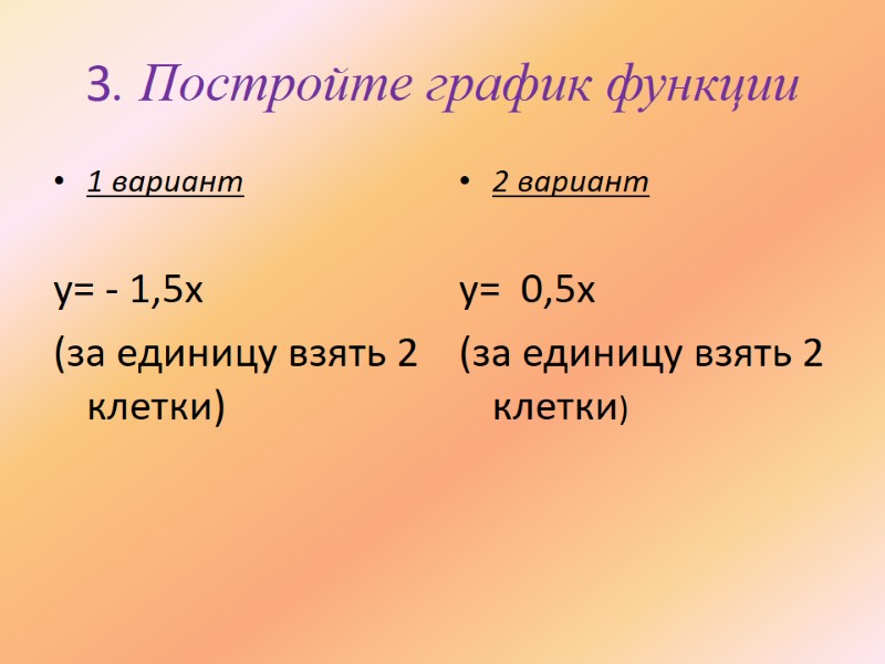 3. Постройте график функции 1 вариант  y= - 1,5x (за единицу взять 2